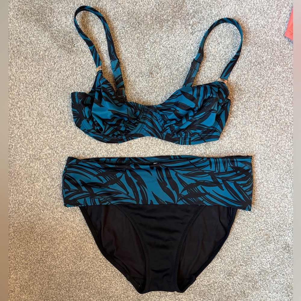 Tropical Print Blue and Black Bikini Set